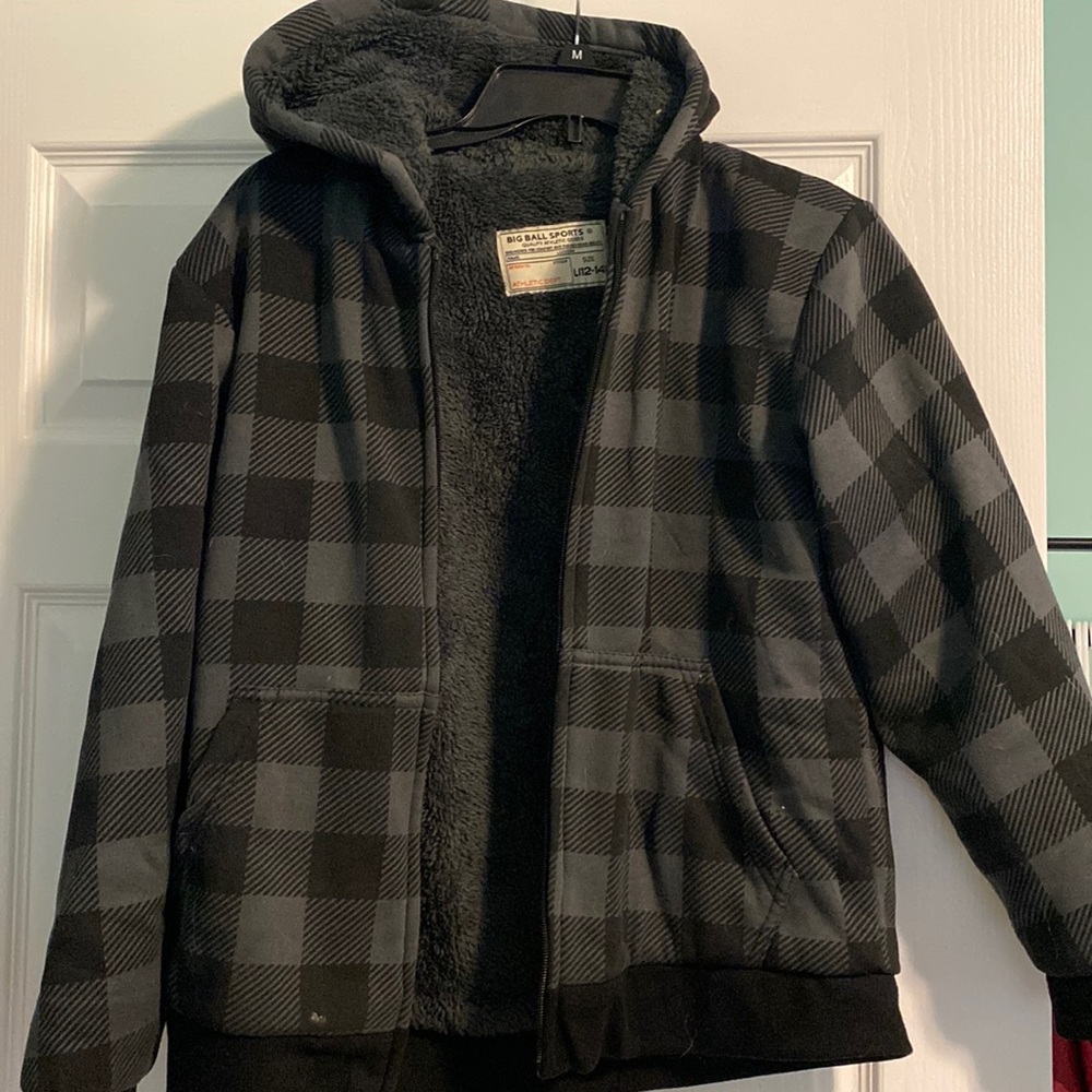 Boys gray and black plaid fleece lined zip up